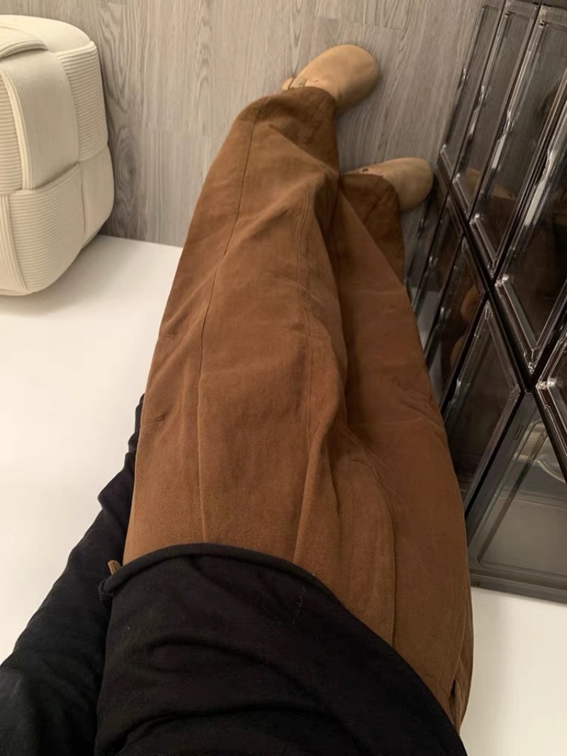 春夏新款美拉德深卡其高腰闊腿工裝牛仔褲女咖色寬松顯瘦拖地褲子