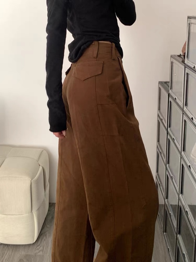 春夏新款美拉德深卡其高腰闊腿工裝牛仔褲女咖色寬松顯瘦拖地褲子