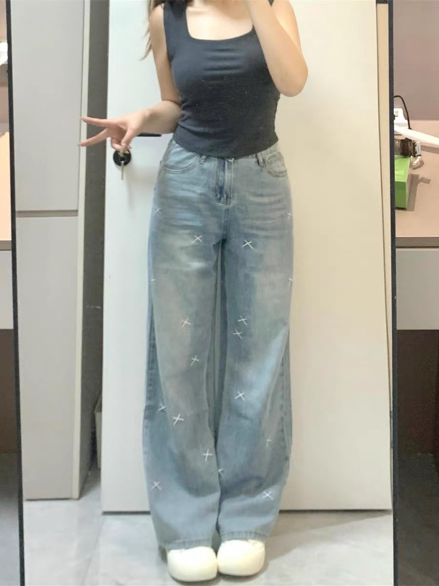 春夏新款大碼胖mm美式復古水洗刺繡牛仔褲女直筒拖地褲闊腿長褲子