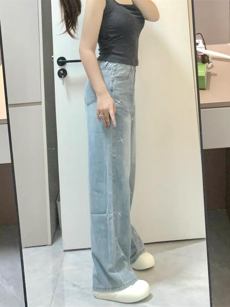 春夏新款大碼胖mm美式復古水洗刺繡牛仔褲女直筒拖地褲闊腿長褲子