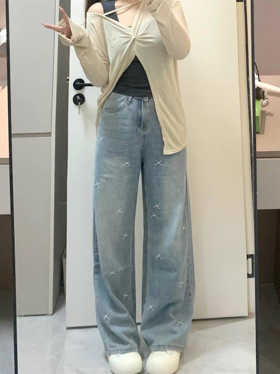 春夏新款大碼胖mm美式復古水洗刺繡牛仔褲女直筒拖地褲闊腿長褲子