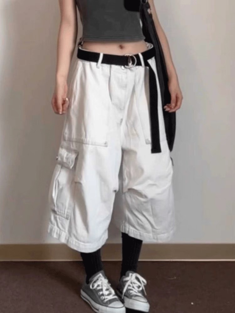 春夏新款美式復古大口袋闊腿短褲子女白色寬松顯瘦七分牛仔褲潮