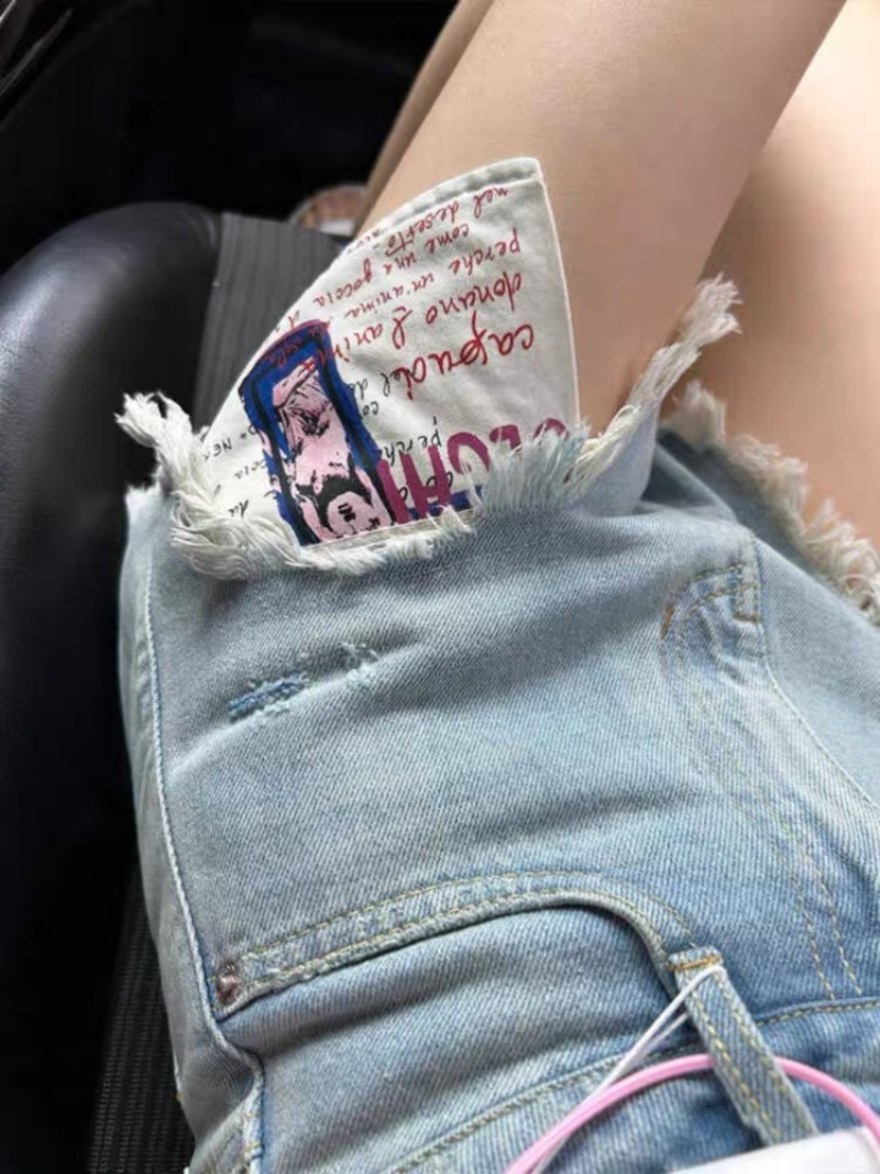 美式淺藍色水洗毛邊牛仔短褲女春夏破洞辣妹高腰顯瘦A字闊腿熱褲