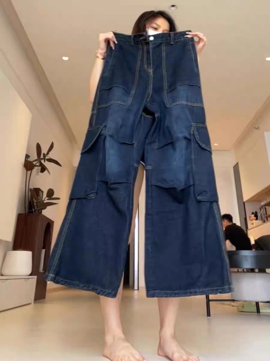 春夏新款韓系復古多口袋工裝牛仔褲女寬松顯瘦垂感闊腿拖地褲
