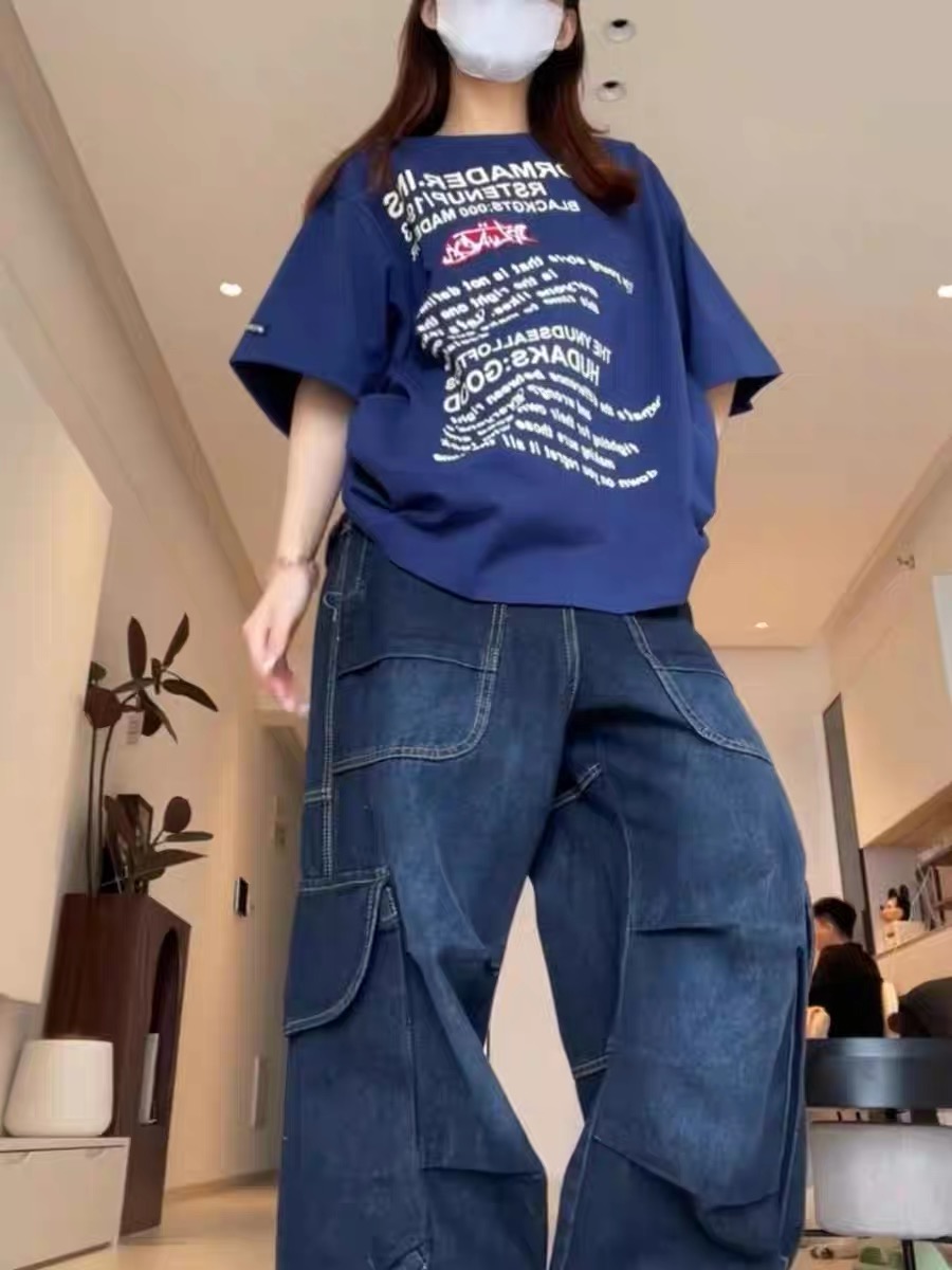 春夏新款韓系復古多口袋工裝牛仔褲女寬松顯瘦垂感闊腿拖地褲