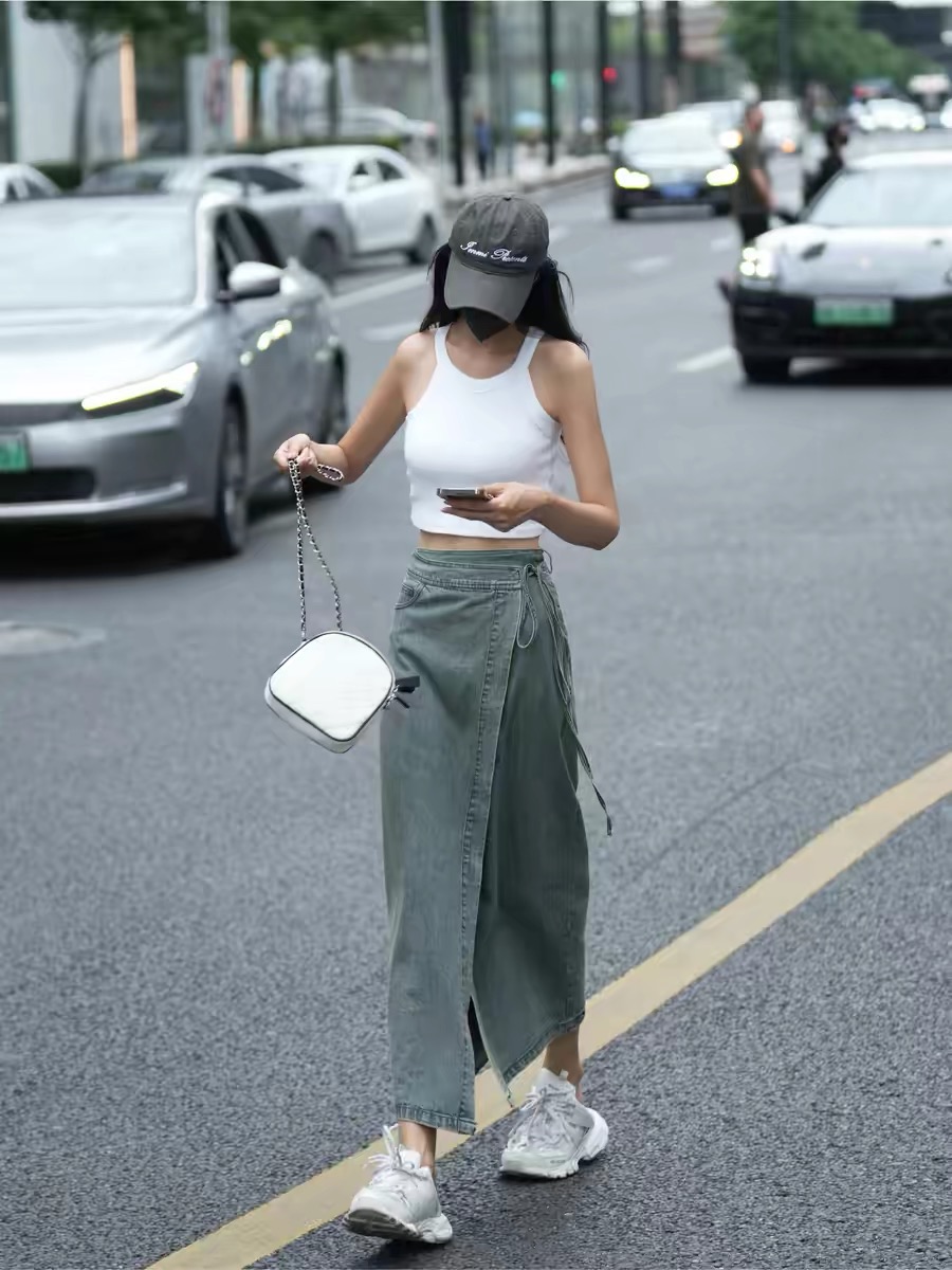 韓系一片式綁帶開叉牛仔半身裙女春夏新款高腰大碼包臀裙子中長款