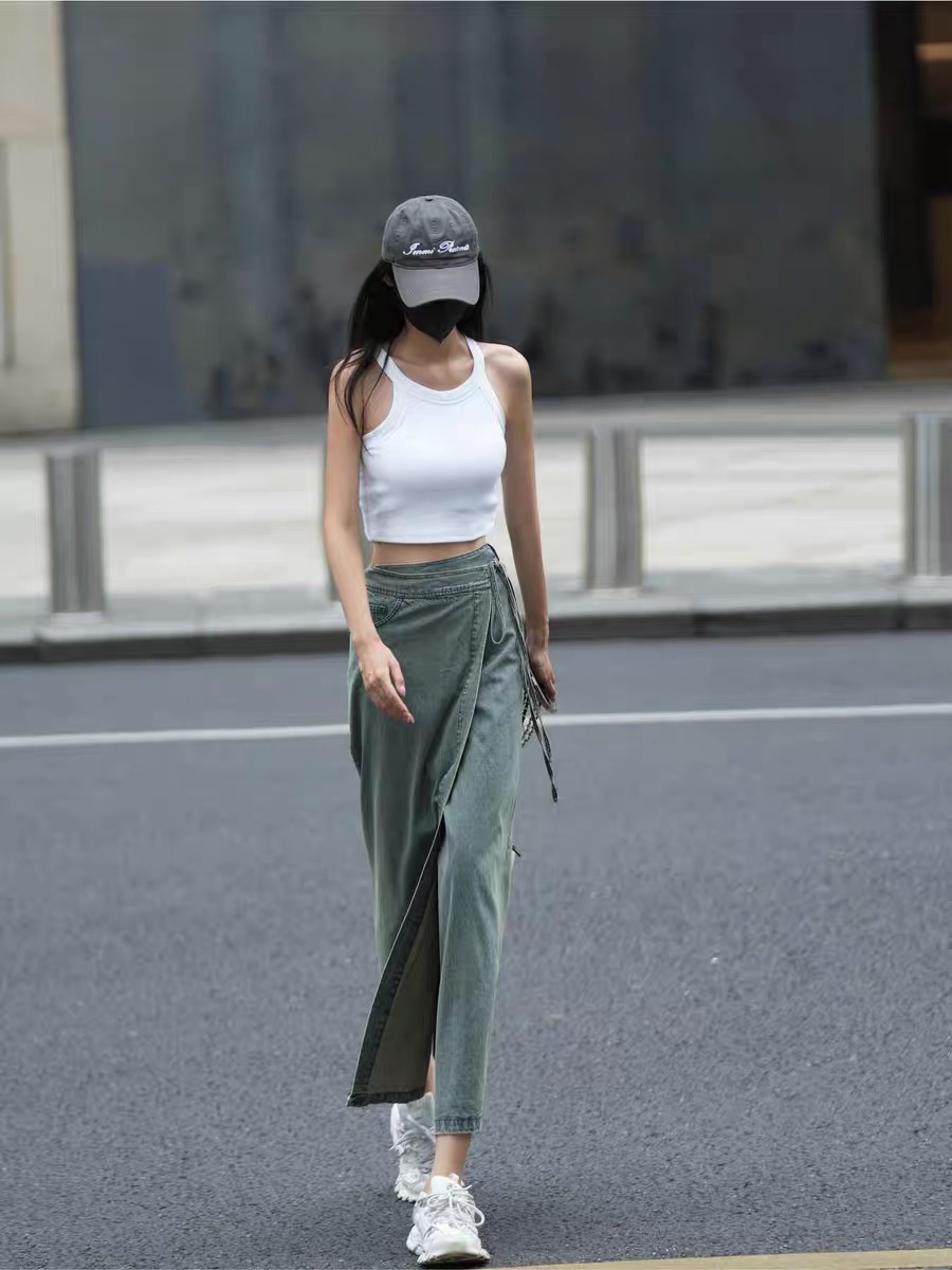 韓系一片式綁帶開叉牛仔半身裙女春夏新款高腰大碼包臀裙子中長款