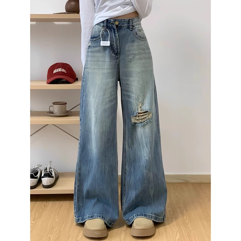 復古藍色破洞牛仔褲女2026夏季新款胖mm寬松高腰顯瘦直筒闊腿褲子