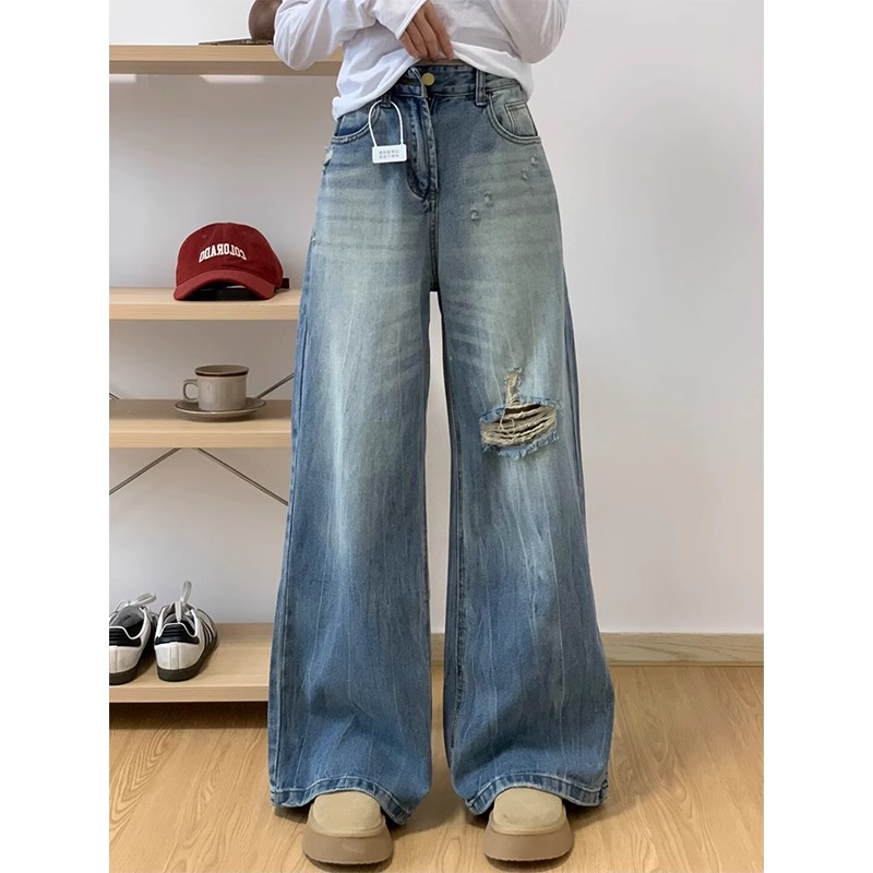 復古藍色破洞牛仔褲女2026夏季新款胖mm寬松高腰顯瘦直筒闊腿褲子
