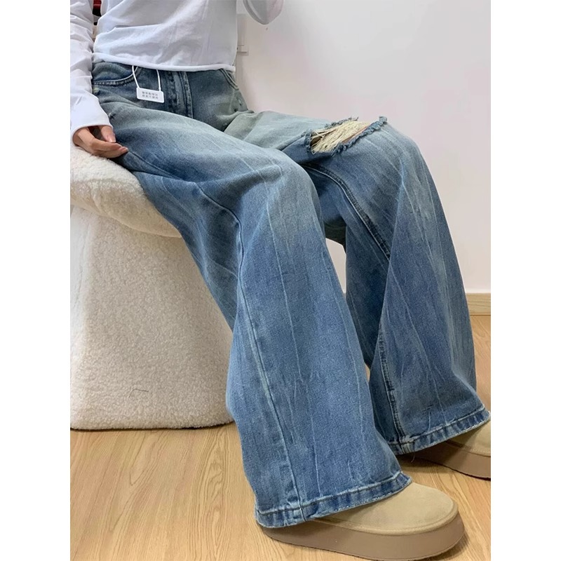 復古藍色破洞牛仔褲女2026夏季新款胖mm寬松高腰顯瘦直筒闊腿褲子