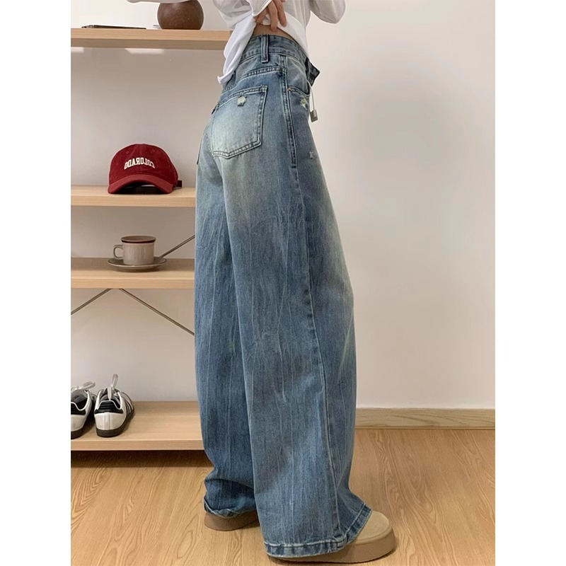 復古藍色破洞牛仔褲女2026夏季新款胖mm寬松高腰顯瘦直筒闊腿褲子