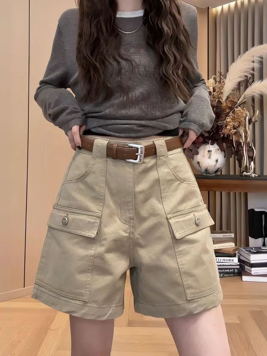 歐貨工裝風高腰牛仔闊腿短褲女夏季休閑顯瘦寬松百搭闊腿四分褲子