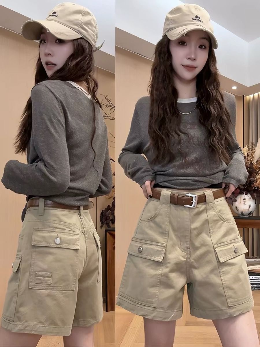 歐貨工裝風高腰牛仔闊腿短褲女夏季休閑顯瘦寬松百搭闊腿四分褲子