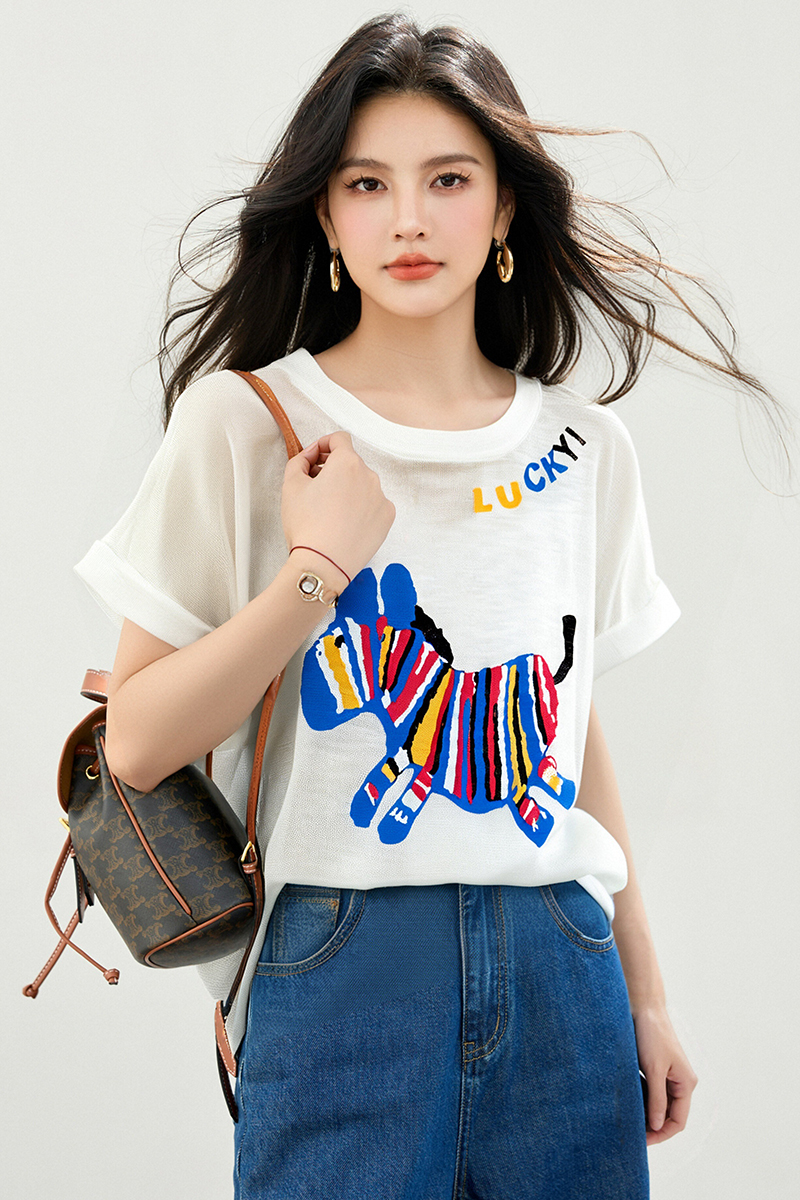 ◆◆2026夏季圓領卡通設計冰絲薄款寬松針織短袖T恤小衫上衣