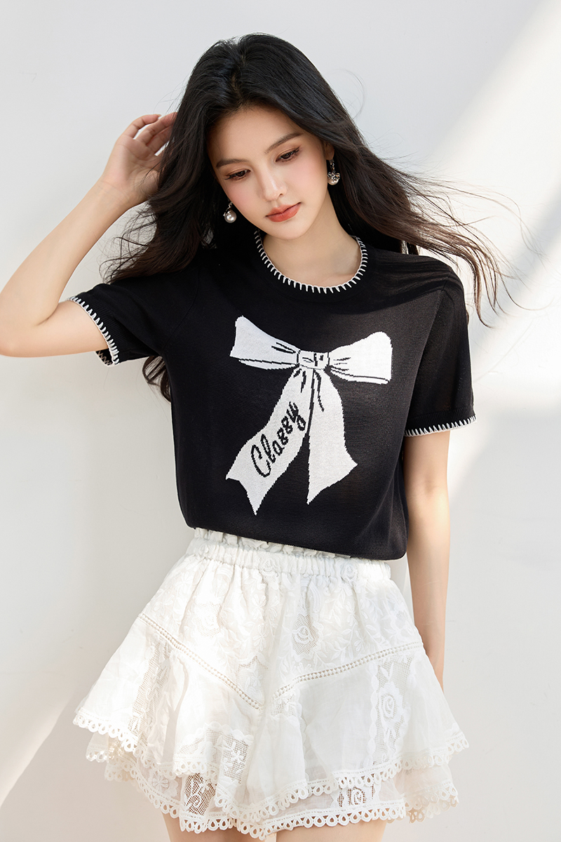 ◆◆時尚別致蝴蝶結短袖T恤女裝夏季寬松圓領甜美上衣