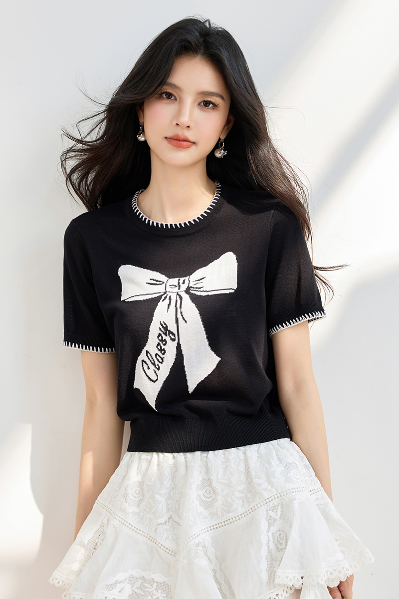 ◆◆時尚別致蝴蝶結短袖T恤女裝夏季寬松圓領甜美上衣