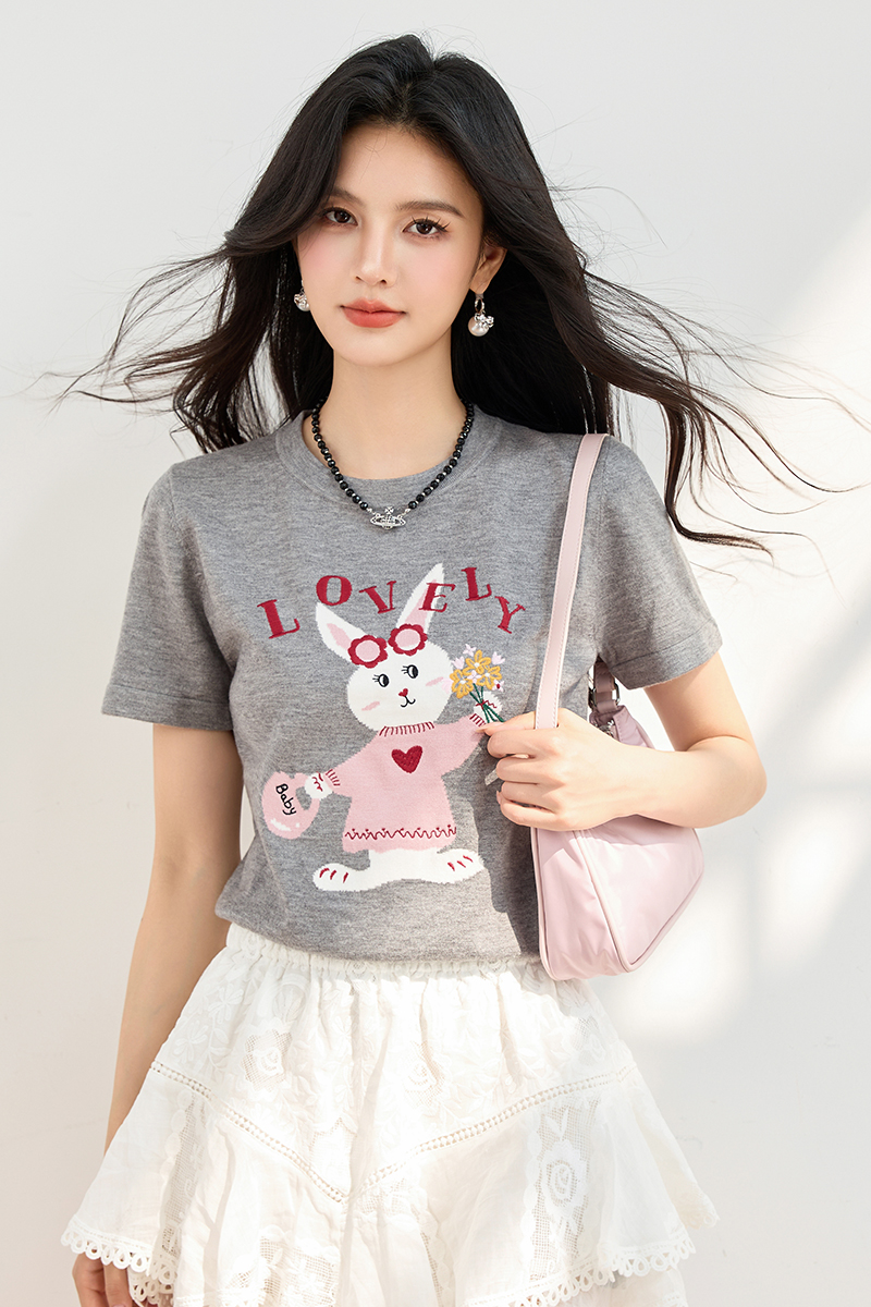 ◆◆韓系可愛兔子提花圖案T恤女百搭減齡刺繡短袖上衣