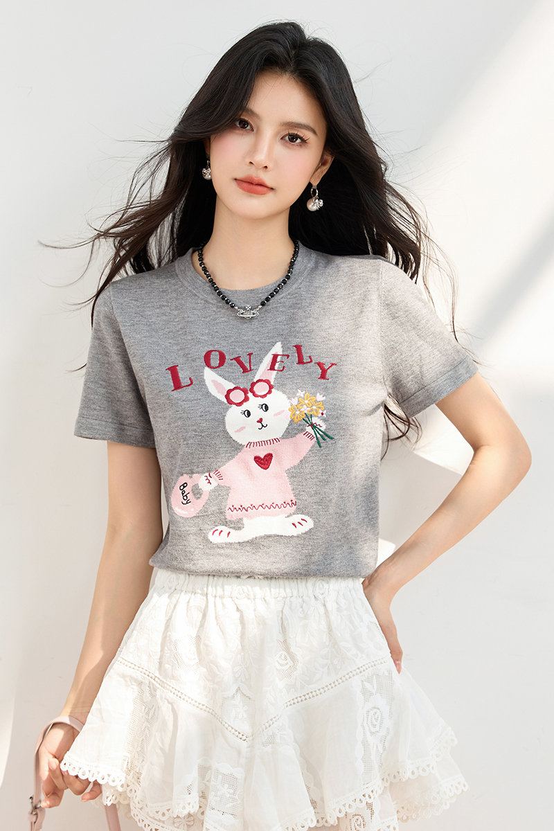 ◆◆韓系可愛兔子提花圖案T恤女百搭減齡刺繡短袖上衣