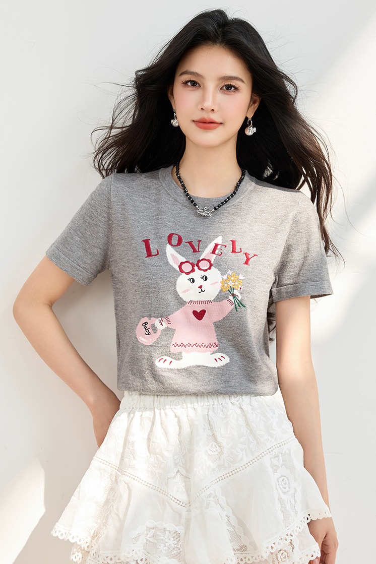 ◆◆韓系可愛兔子提花圖案T恤女百搭減齡刺繡短袖上衣