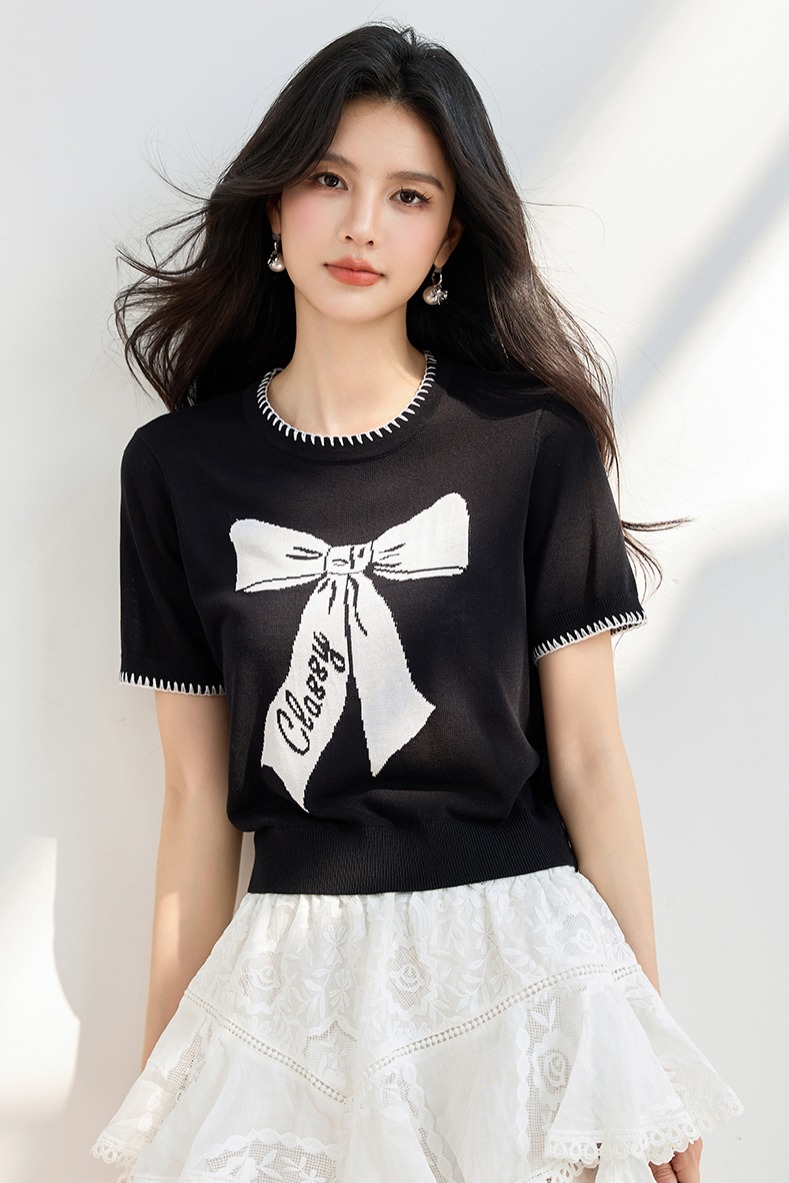 ◆◆時尚別致蝴蝶結短袖T恤女裝夏季寬松圓領甜美上衣