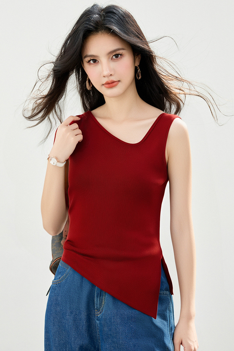◆◆不規則斜領開叉針織吊帶背心女夏季設計感修身顯瘦上衣