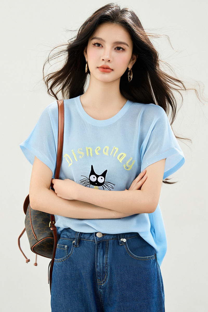 ◆◆卡通小貓刺繡減齡小眾寬松大版洋氣圓領撞色短袖T恤女