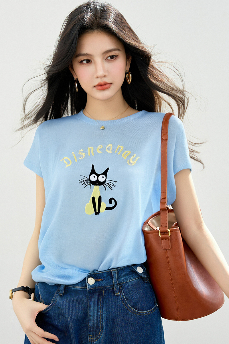 ◆◆卡通小貓刺繡減齡小眾寬松大版洋氣圓領撞色短袖T恤女