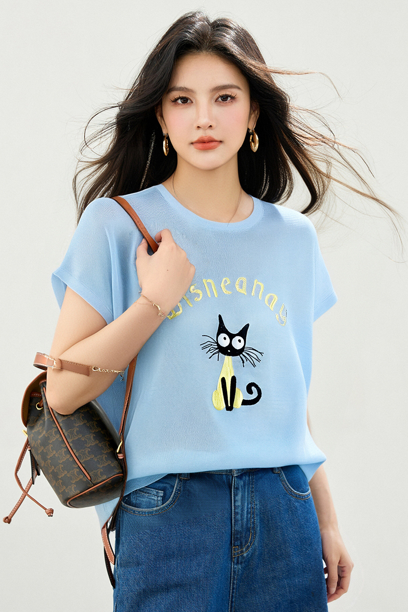 ◆◆卡通小貓刺繡減齡小眾寬松大版洋氣圓領撞色短袖T恤女
