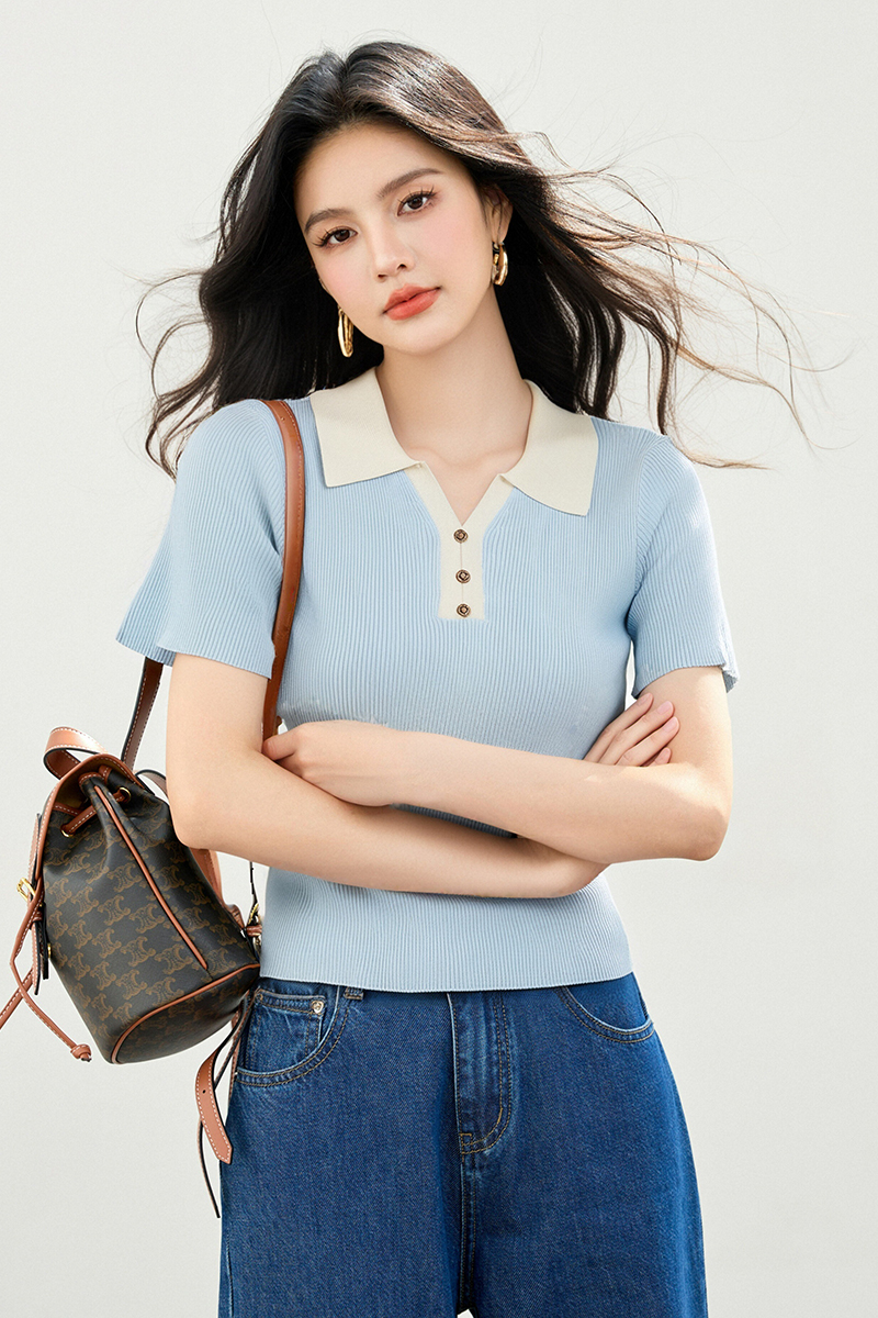 ◆◆2026年夏季韓系溫柔撞色Polo領T恤坑條針織顯瘦上衣女
