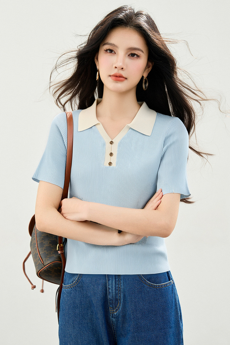 ◆◆2026年夏季韓系溫柔撞色Polo領T恤坑條針織顯瘦上衣女