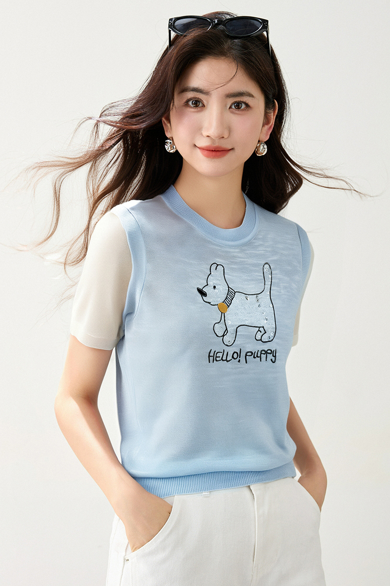◆◆2026夏款可愛減齡小狗卡通亮片上衣女時尚百搭短袖T恤