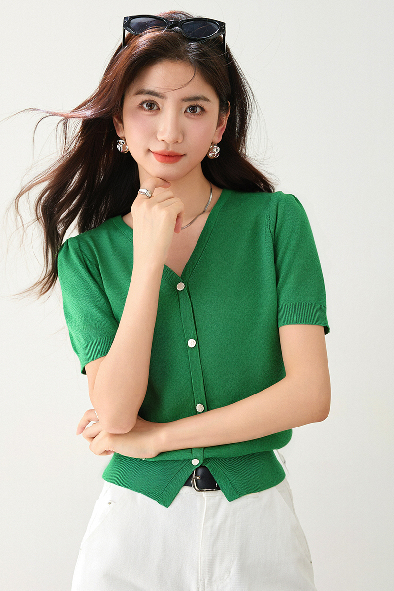 ◆◆法式短袖針織薄開衫女2025夏新款氣質簡約v領軟糯上衣