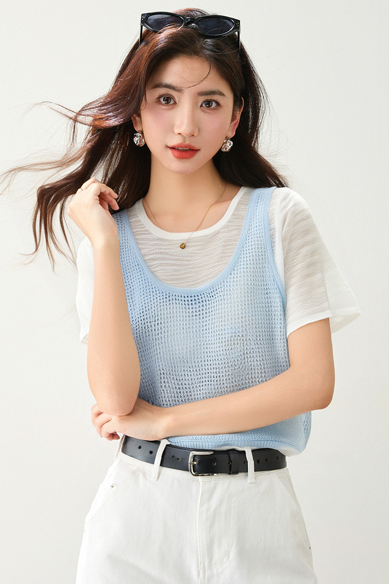 ◆◆設計感假兩件T恤女裝超好看正肩短袖獨特漂亮上衣