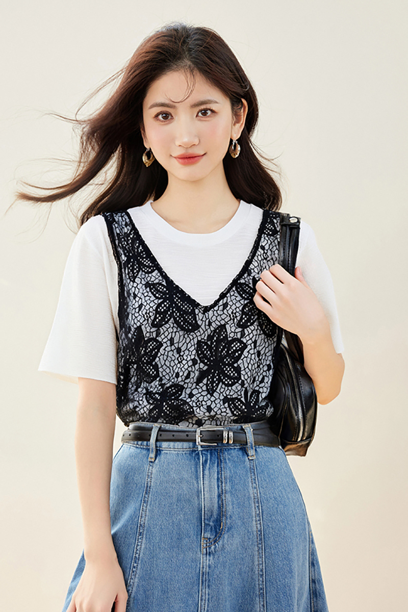 ◆◆設計感假兩件蕾絲短袖T恤女百搭寬松顯瘦別致上衣