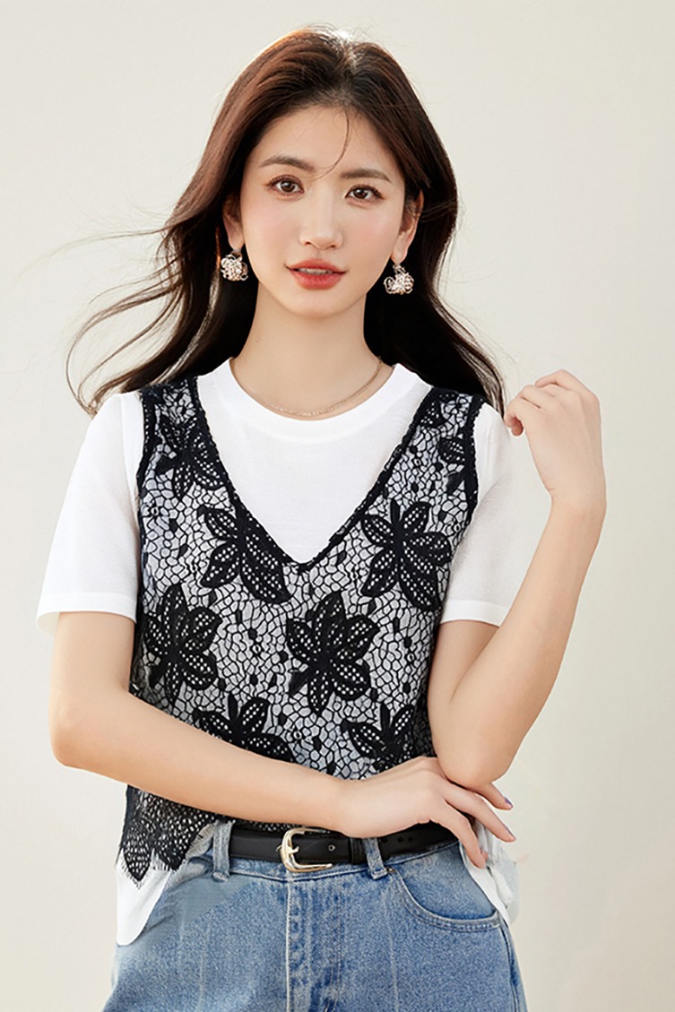 ◆◆設計感假兩件蕾絲短袖T恤女百搭寬松顯瘦別致上衣