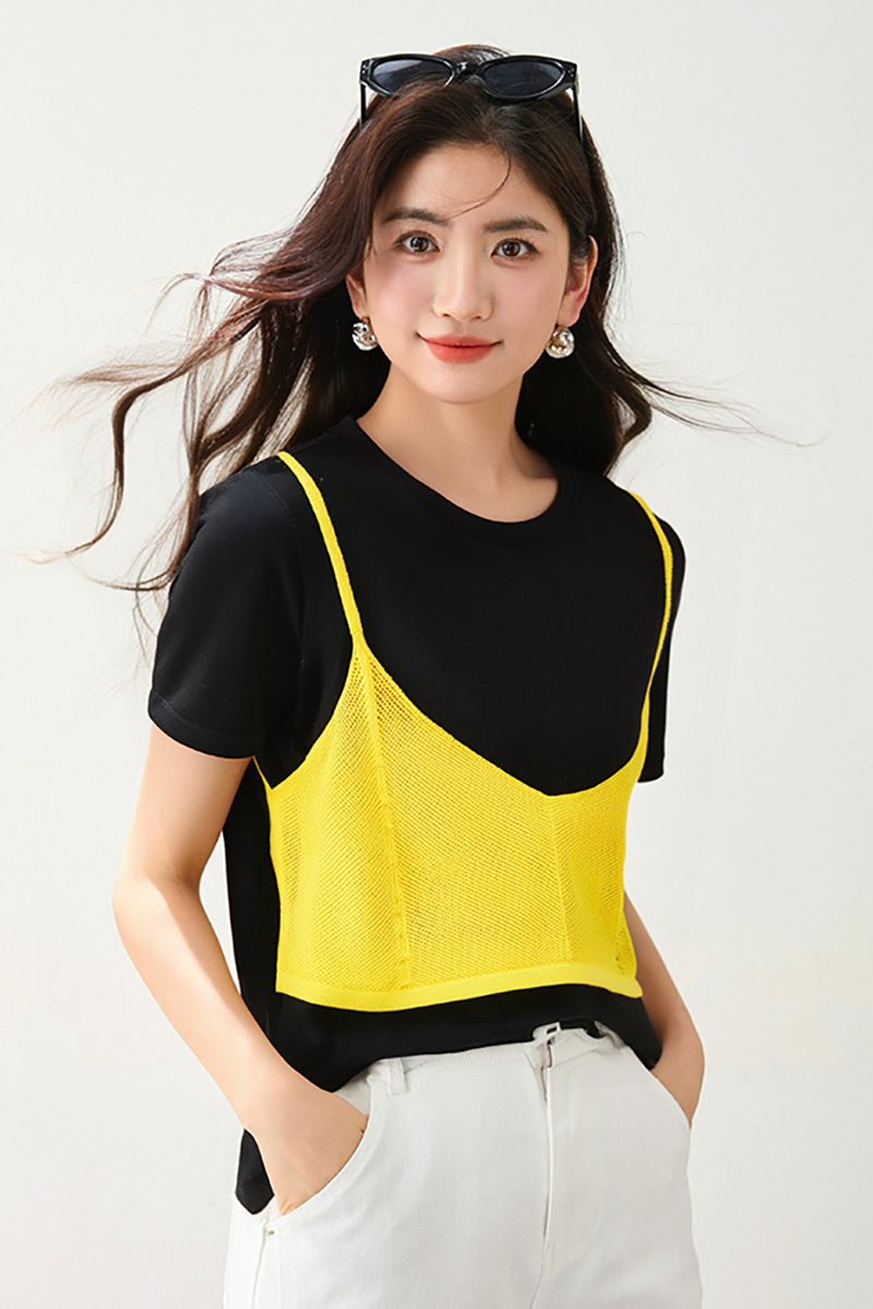 ◆◆2026夏季新款時尚休閑顯瘦修身針織吊帶撞色兩件套T恤女