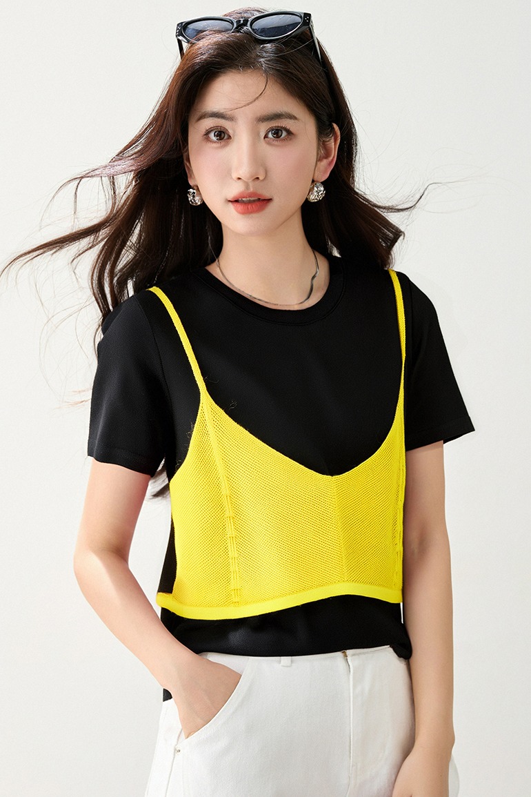 ◆◆2026夏季新款時尚休閑顯瘦修身針織吊帶撞色兩件套T恤女