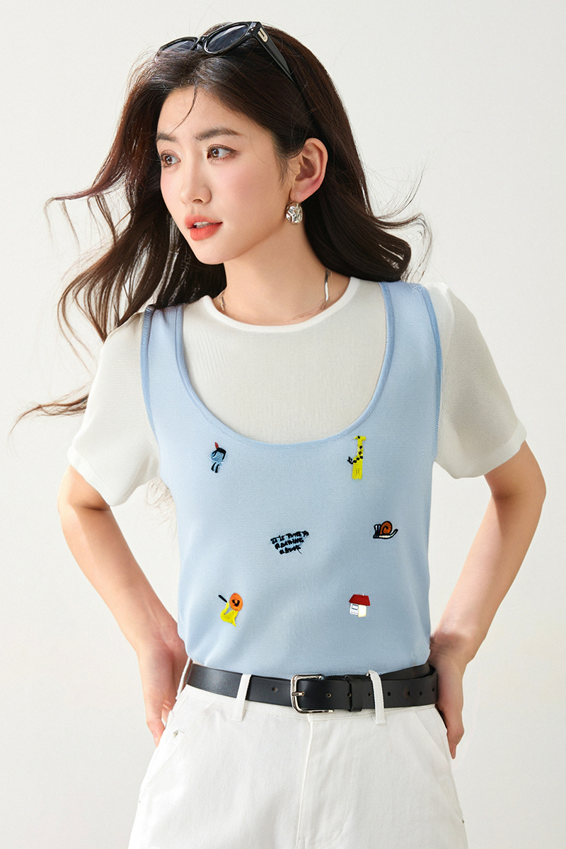◆◆減齡卡通刺繡背心假兩件上衣女夏季設計感洋氣百搭針織衫