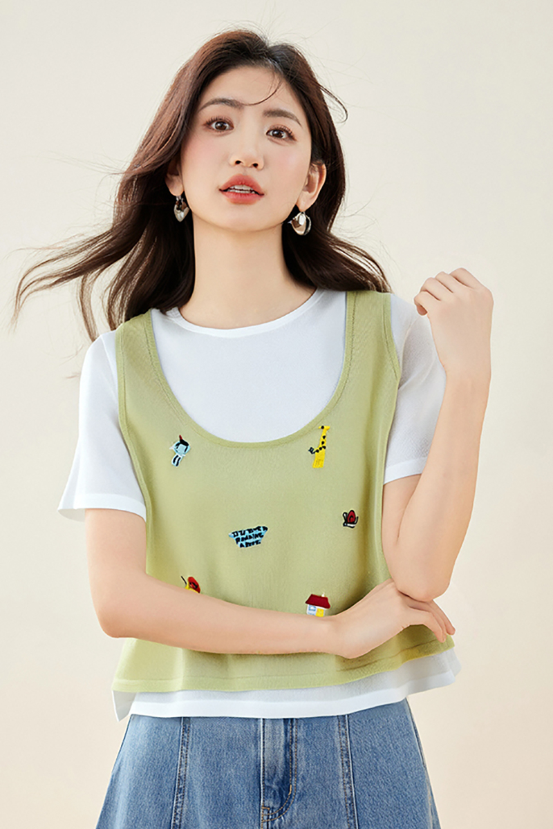◆◆減齡卡通刺繡背心假兩件上衣女夏季設計感洋氣百搭針織衫