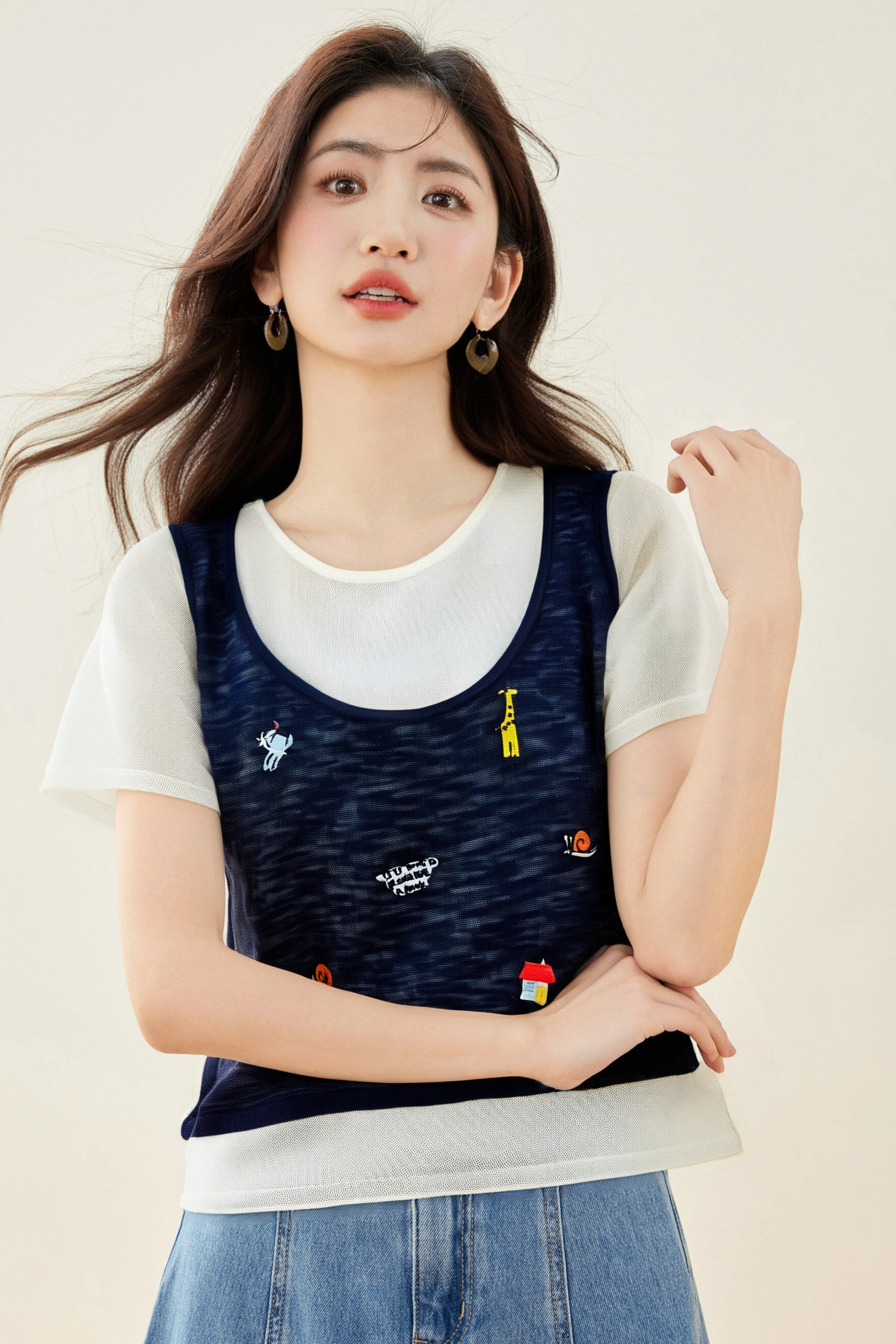 ◆◆減齡卡通刺繡背心假兩件上衣女夏季設計感洋氣百搭針織衫