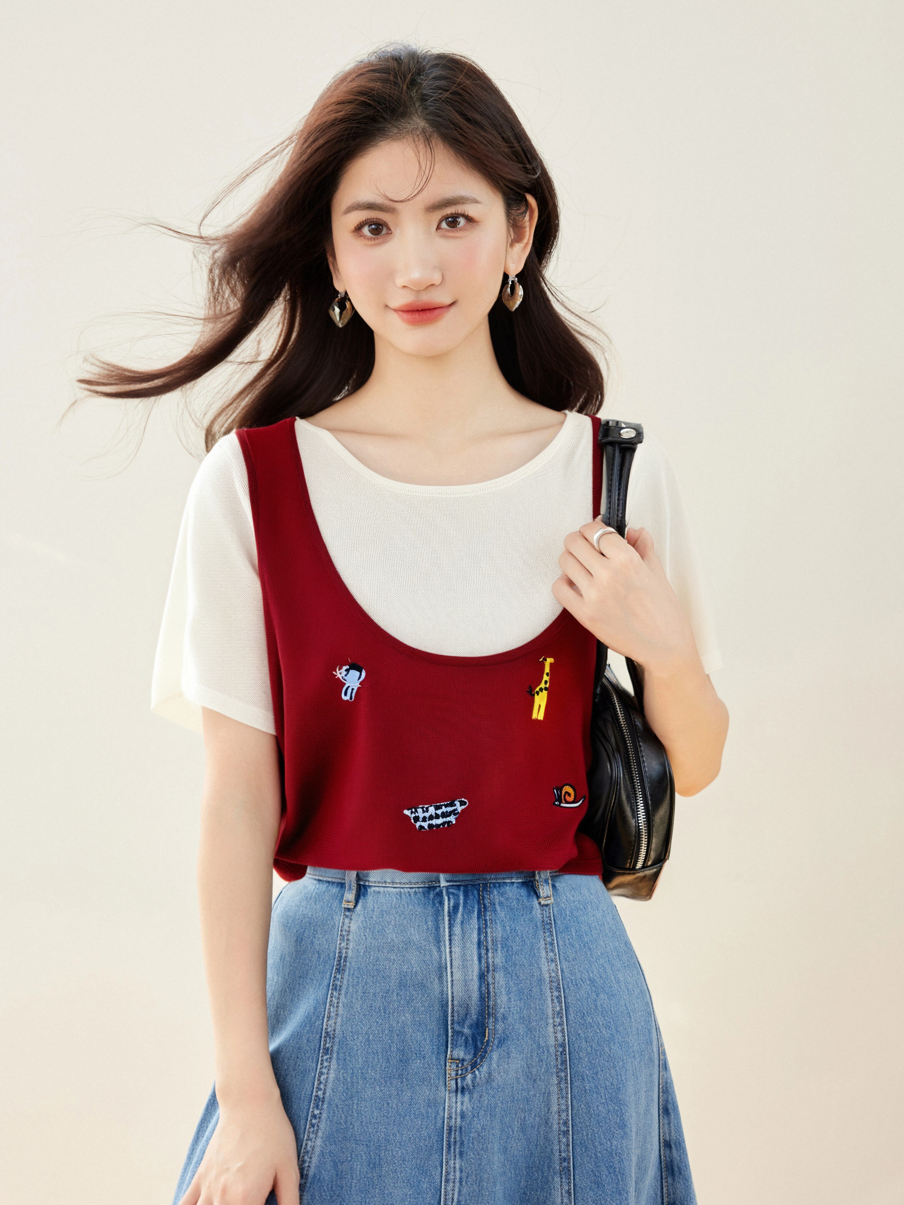 ◆◆減齡卡通刺繡背心假兩件上衣女夏季設計感洋氣百搭針織衫