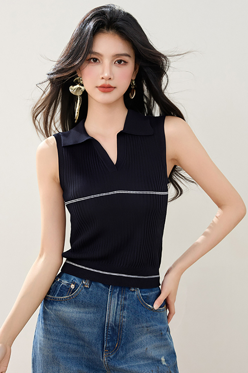 ◆◆撞色polo領針織背心女秋季修身顯瘦時尚外穿無袖上衣