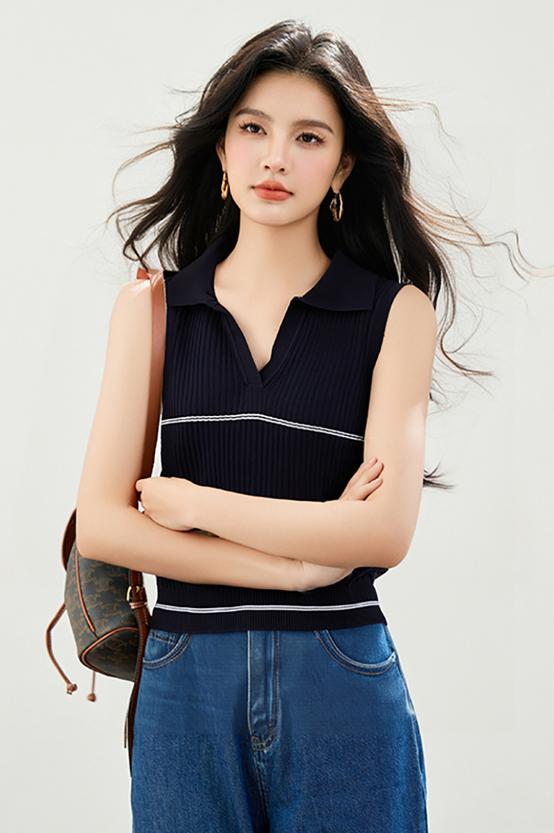 ◆◆撞色polo領針織背心女秋季修身顯瘦時尚外穿無袖上衣