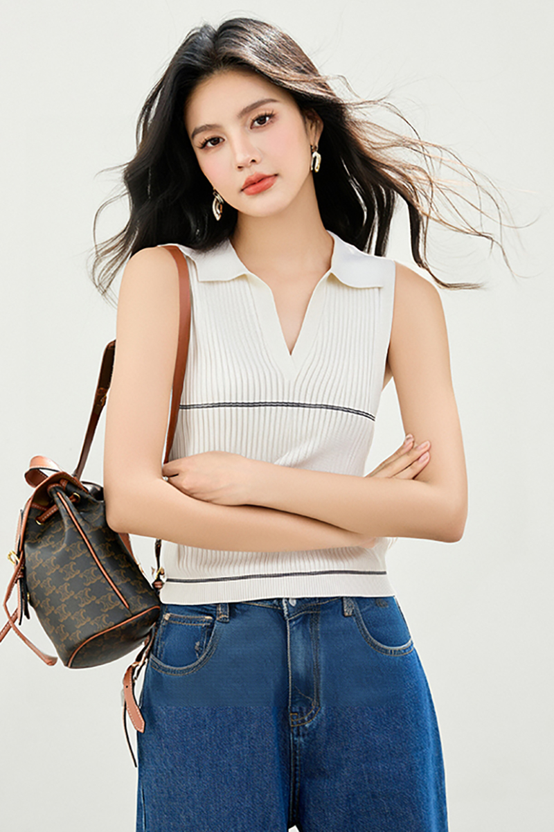 ◆◆撞色polo領針織背心女秋季修身顯瘦時尚外穿無袖上衣