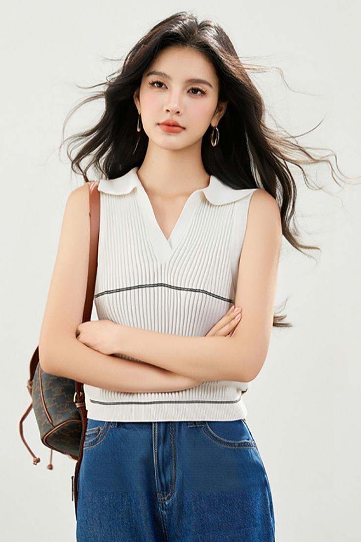 ◆◆撞色polo領針織背心女秋季修身顯瘦時尚外穿無袖上衣
