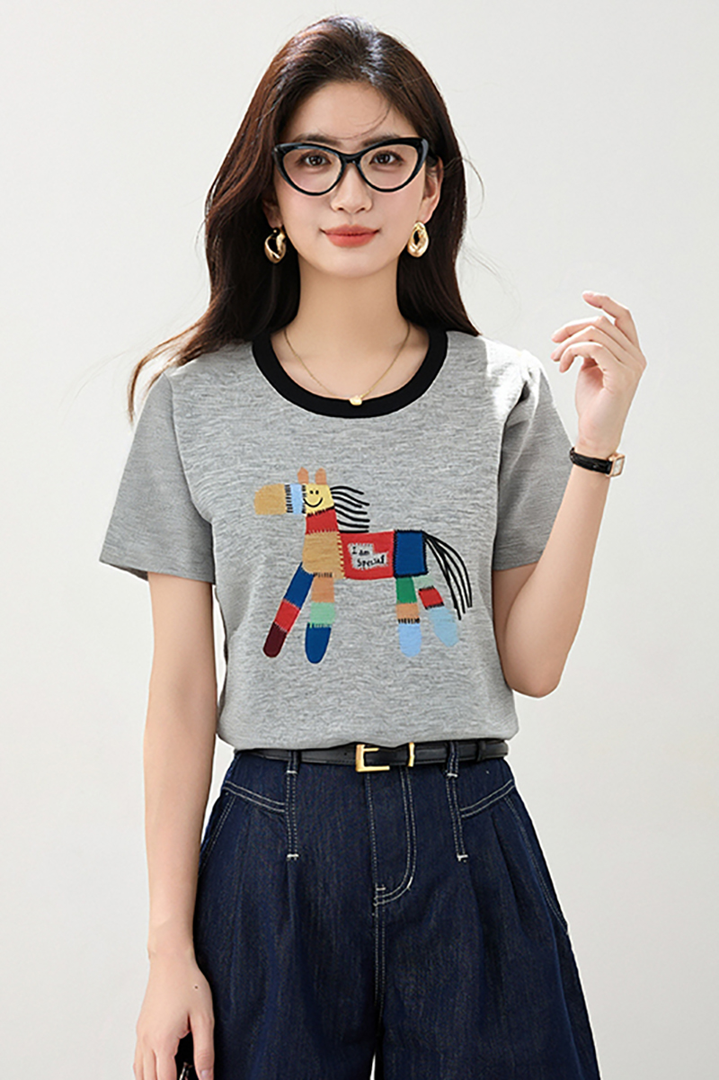 ◆◆卡通刺繡針織短袖T恤女夏季2026新款休閑寬松上衣