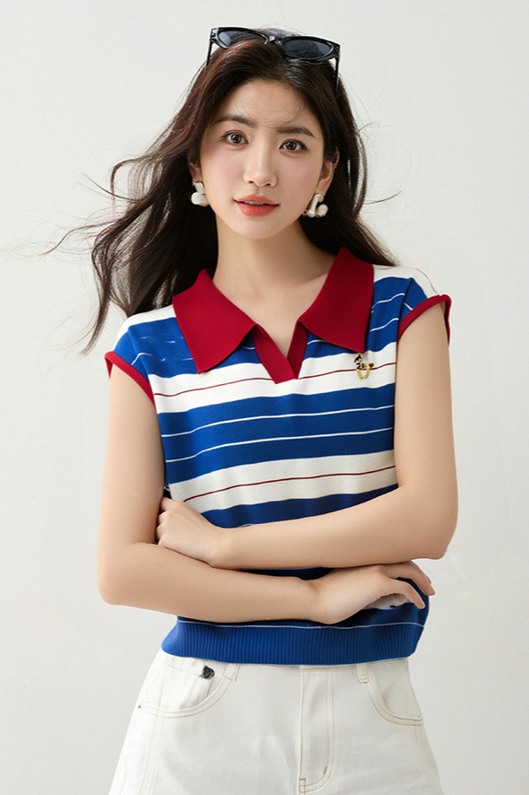 ◆◆撞色條紋polo衫翻領小飛袖短袖T恤女2026初夏穿搭上衣
