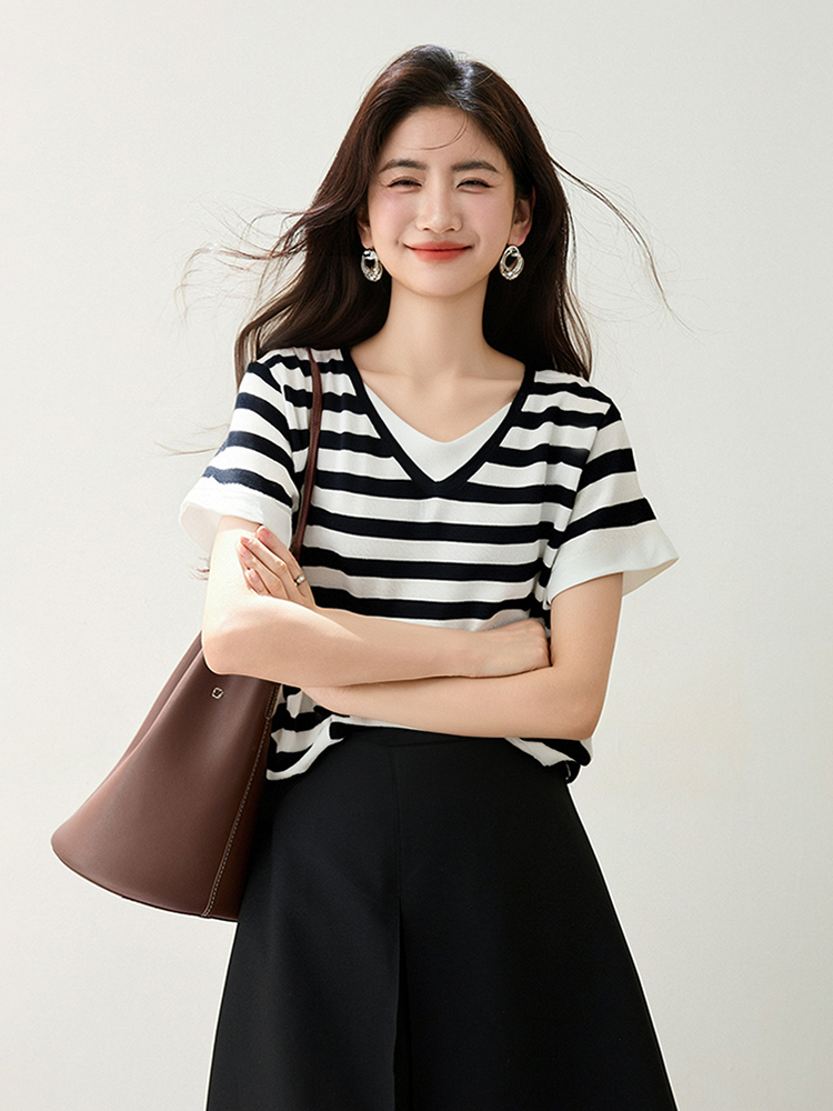 ◆◆假兩件短袖T恤女2025夏季新款顯瘦正肩上衣針織衫