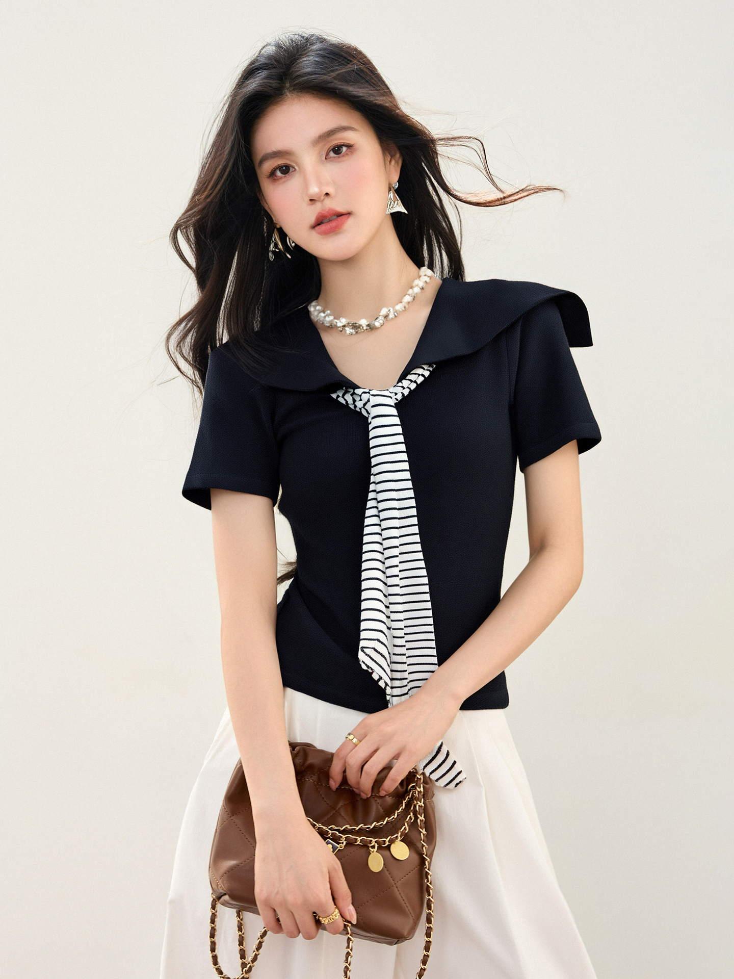 復古海軍領條紋領帶撞色針織短袖女2026夏季新款修身上衣