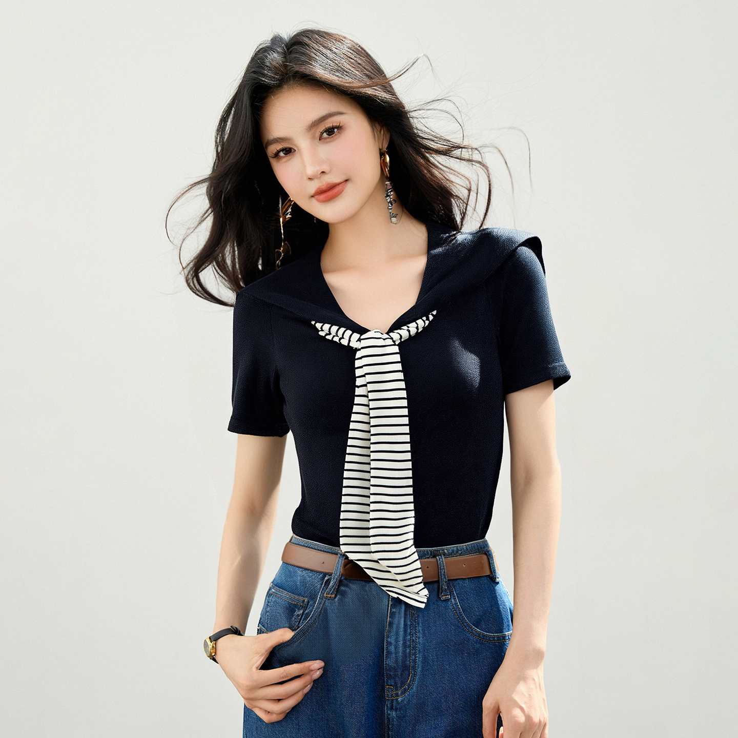 復古海軍領條紋領帶撞色針織短袖女2026夏季新款修身上衣